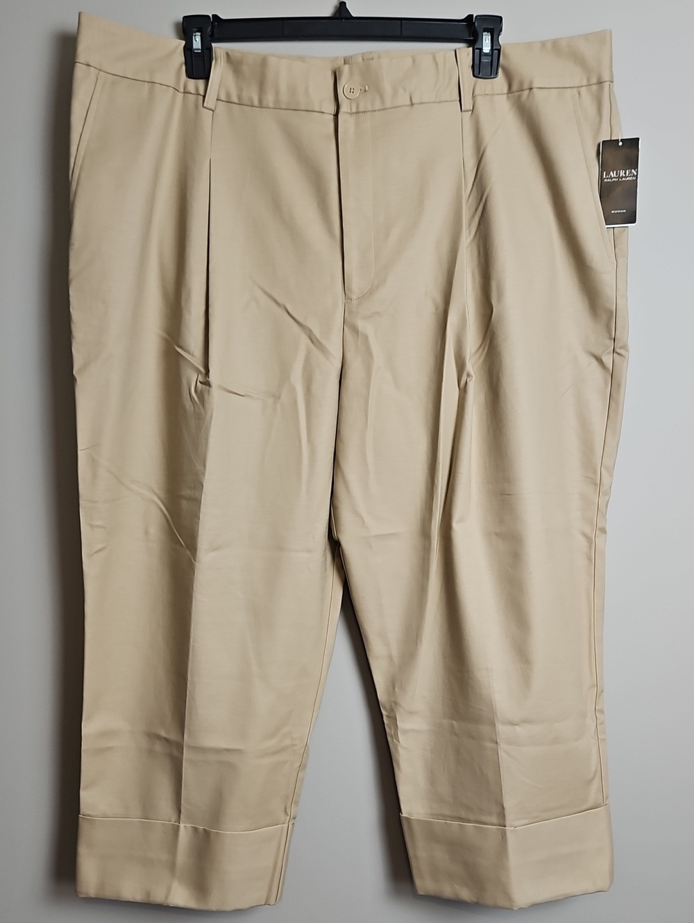 LAUREN Ralph Lauren Cuffed Cropped Pleated Plus Pants: Color- Tan: Size- 22W